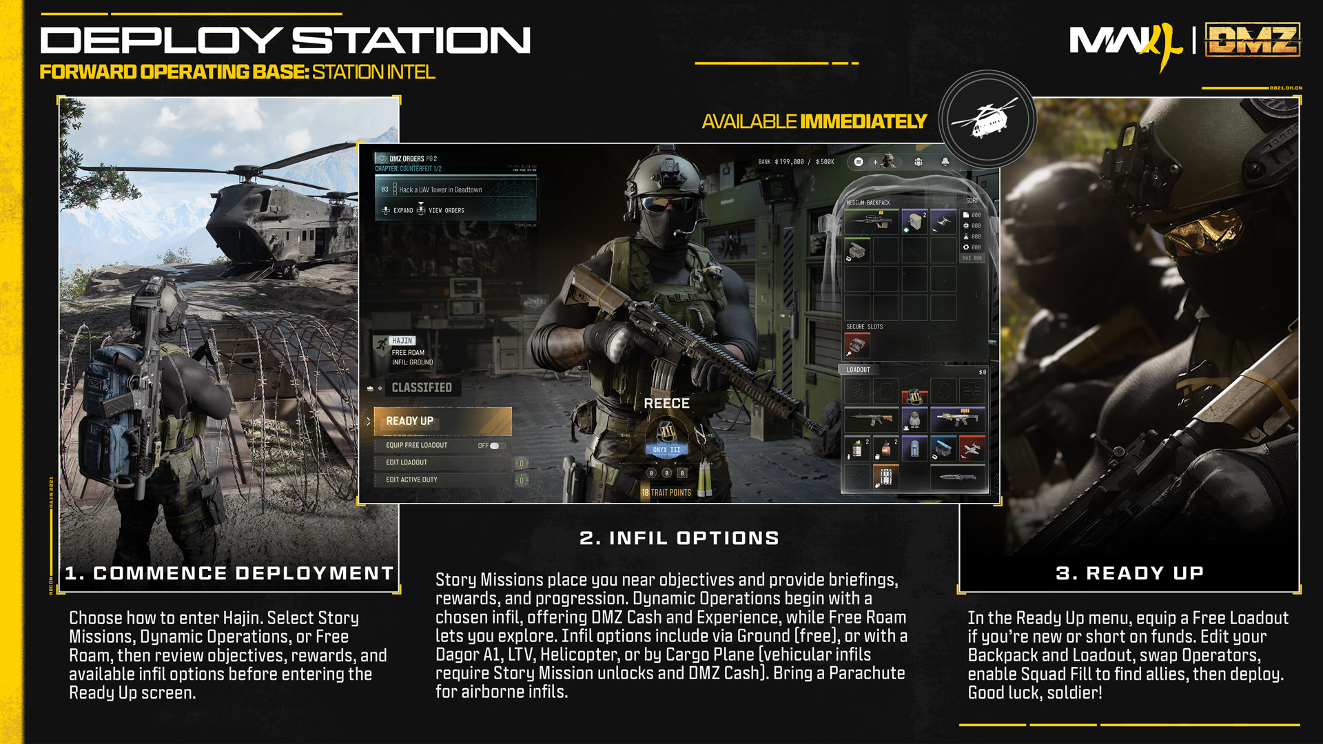 Ready Up menüsünü ve Equip Free Loadout seçeneğini içeren sefere hazırlık görseli.