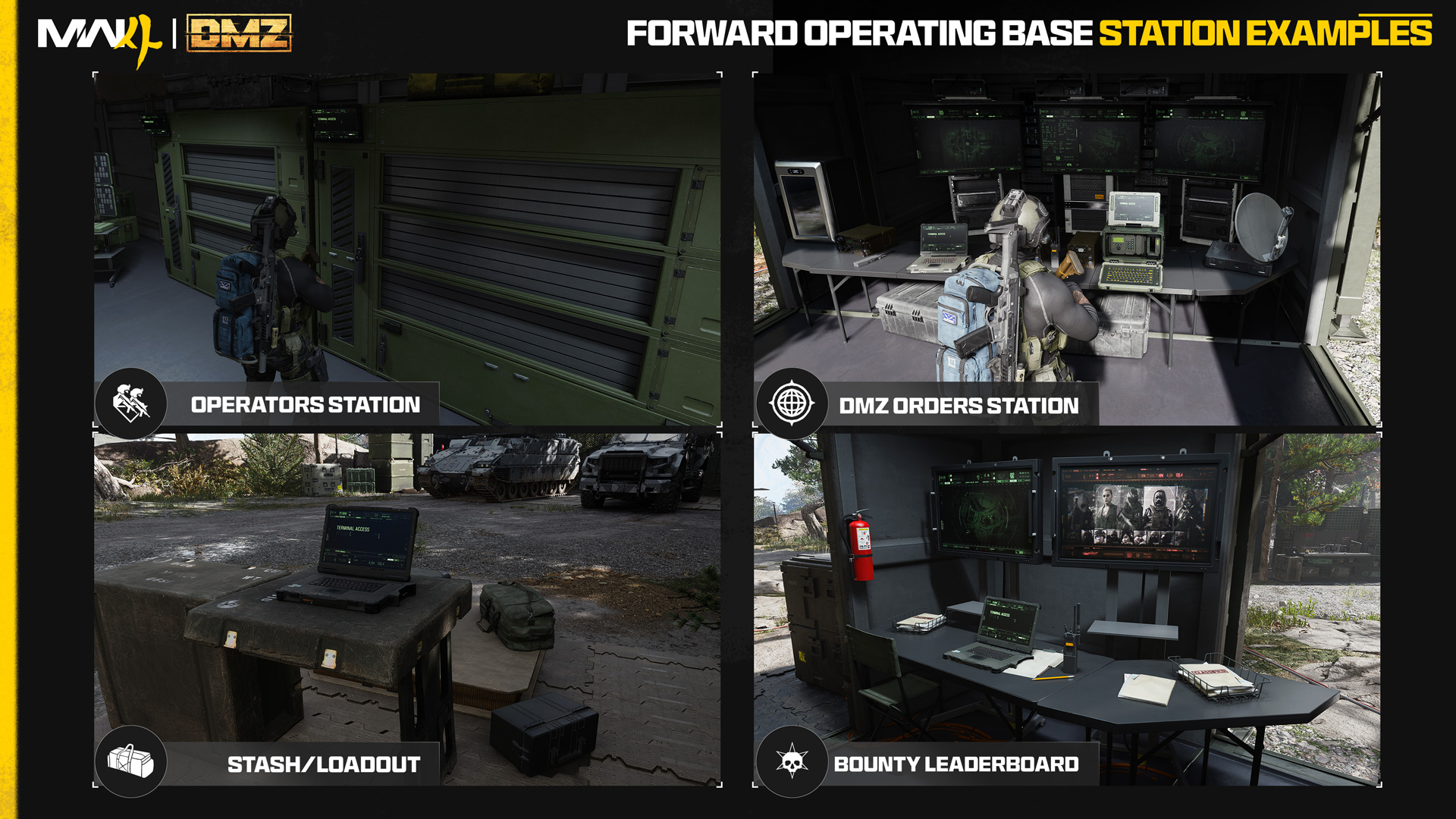 Operators, DMZ Orders, Stash/Loadout ve Bounty Leaderboard istasyonlarını gösteren FOB görseli.