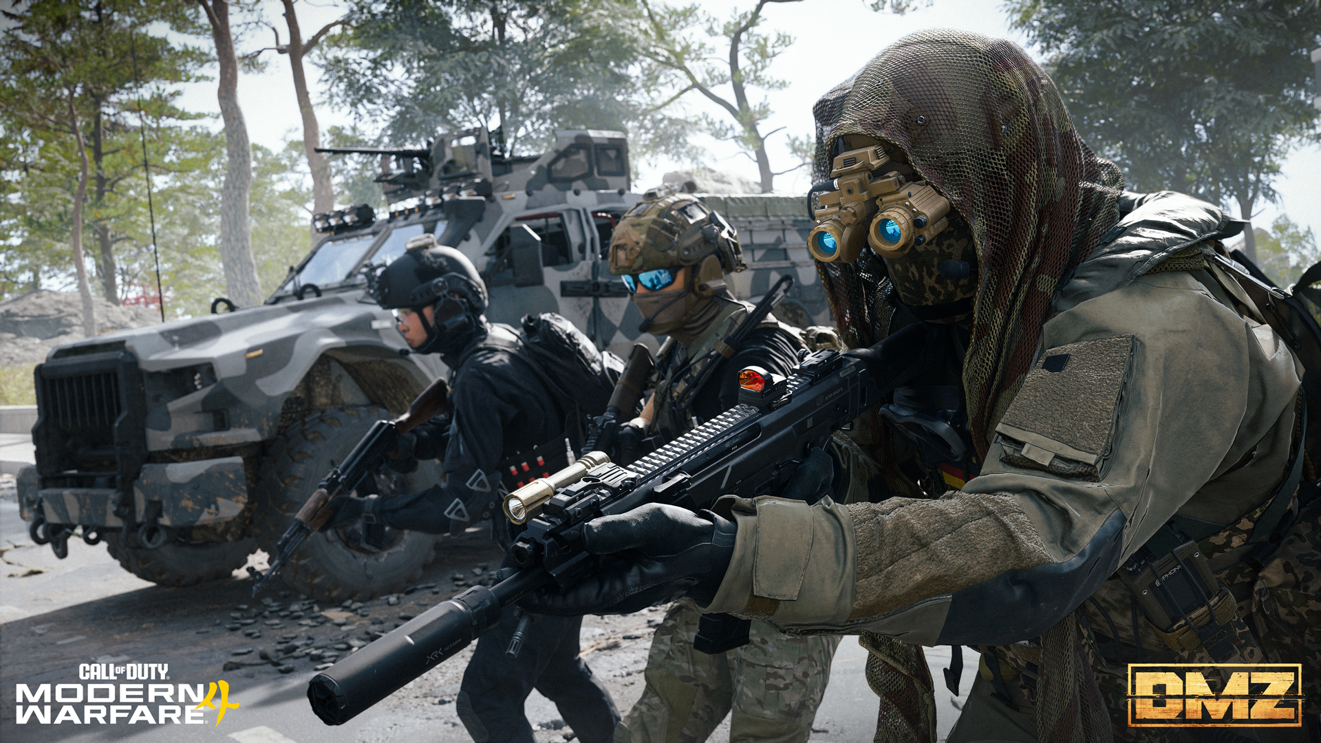 DMZ Operators with weapons beside an armored vehicle.