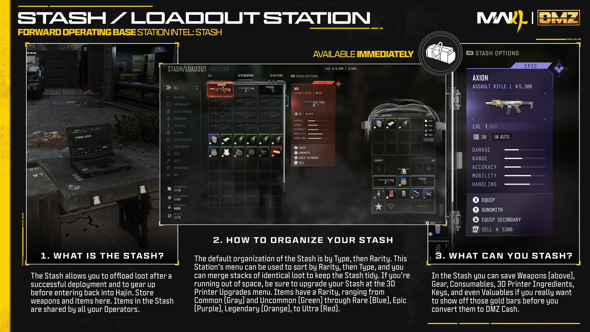 Depoyu, sırt çantasını ve donatılmış ekipmanı gösteren Stash/Loadout ekranı.